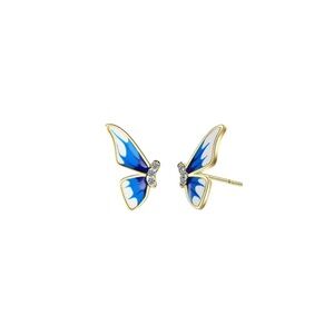 Gold Plated Blue And White Enamel And Zircon Butterfly Copper Stud Earrings